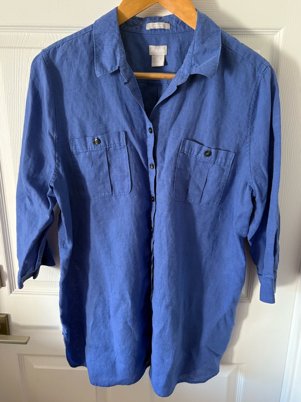 Chico’s No-Iron Linen Button Down Tunic Shirt Blue Size 14